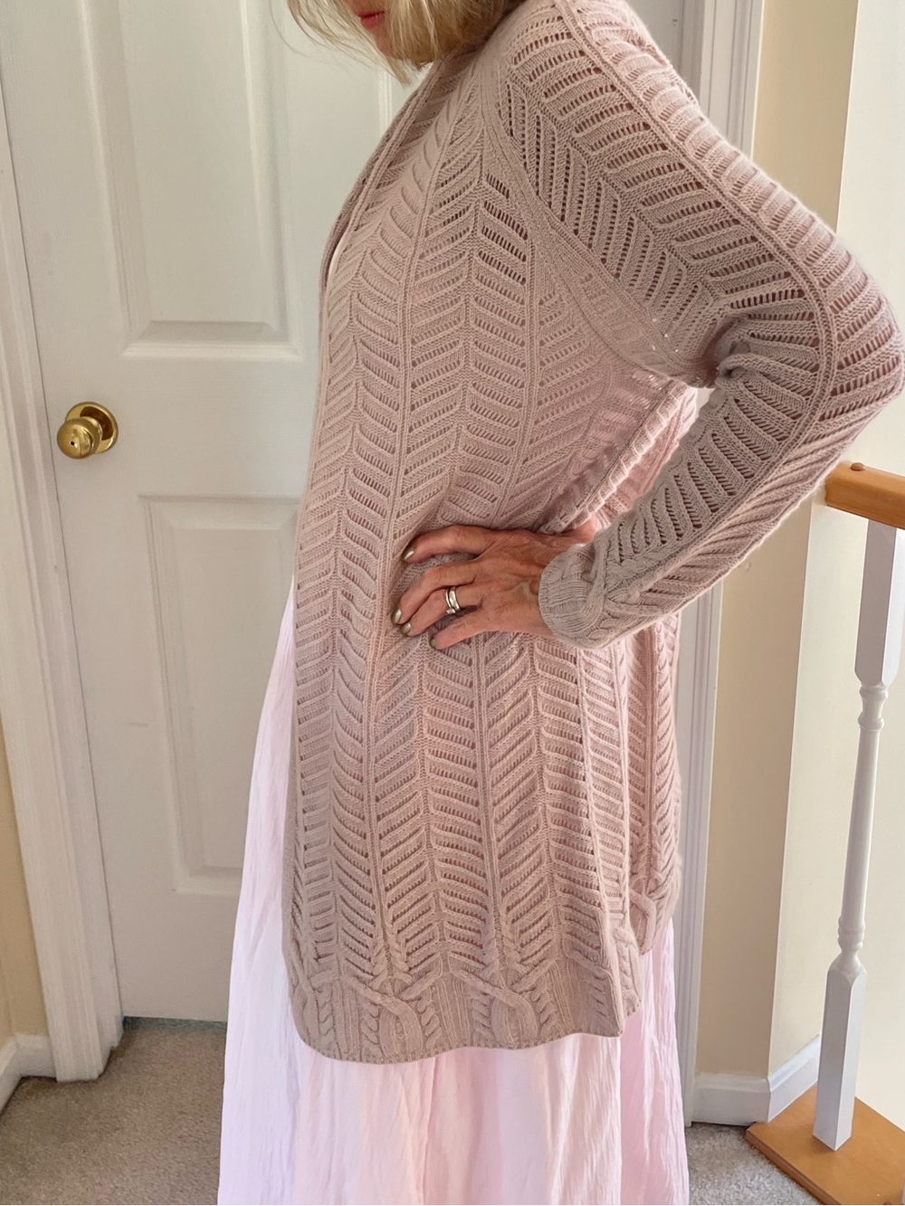 TSE Light Pink Open-Knit Longline Women's Cardigan